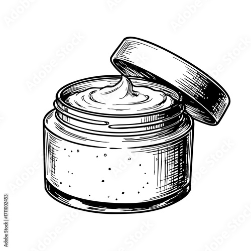 Open face scrub jar with cream in vintage sketch style  