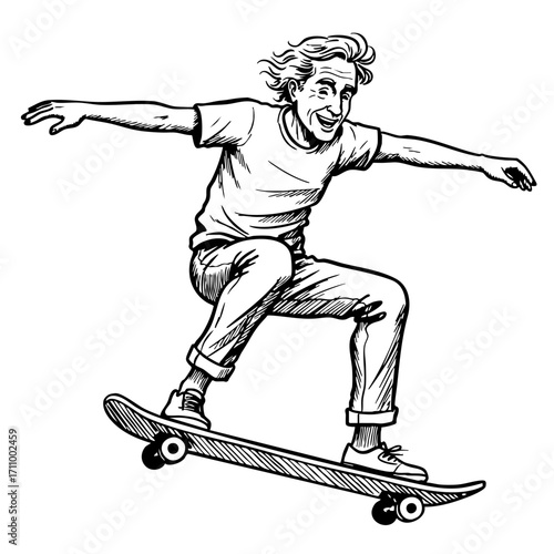 Elderly man skateboarding in a vintage sketch style  