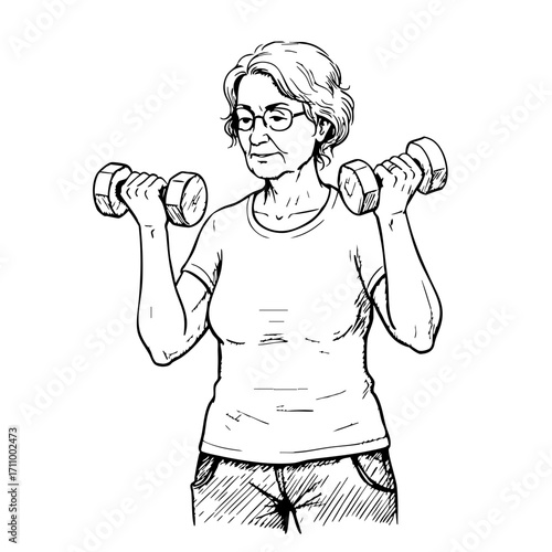 Elderly woman lifting dumbbells in a vintage sketch style  