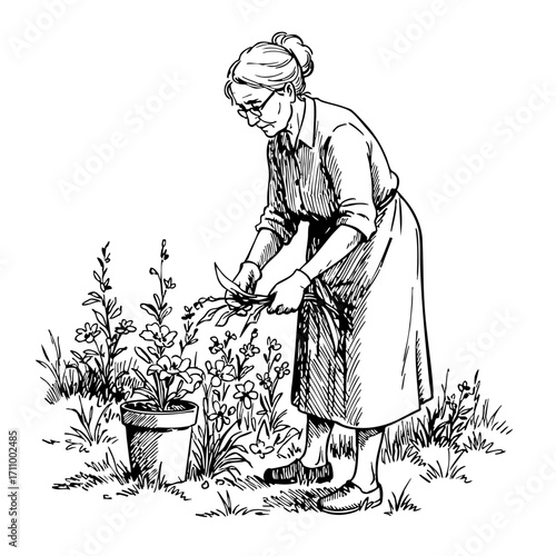 Elderly woman gardening and pruning plants in a vintage sketch style  