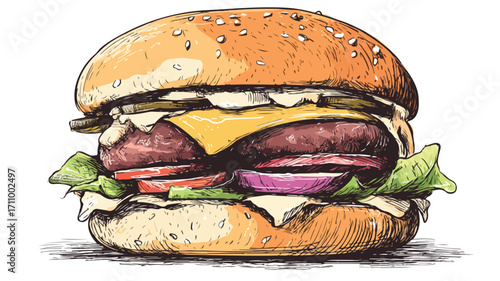 Minimalist Burger Sketch Illustration with Beef Patty