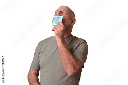 Financial value of Brazilian real notes. Man holding money in cedula. Economy.