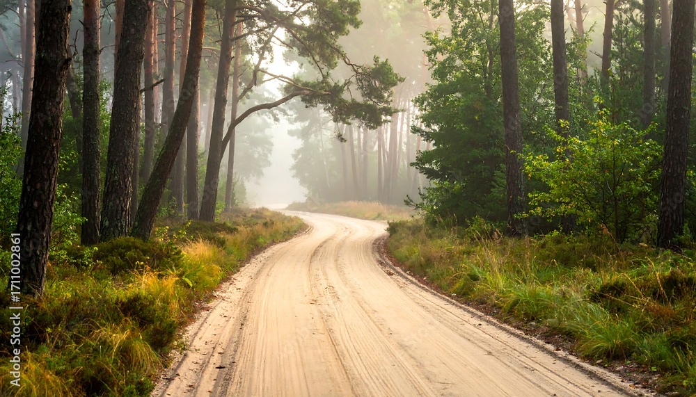 Obraz premium A winding dirt road meanders through a misty forest, bathed in soft morning light, showcasing the tranquil beauty of the woods.