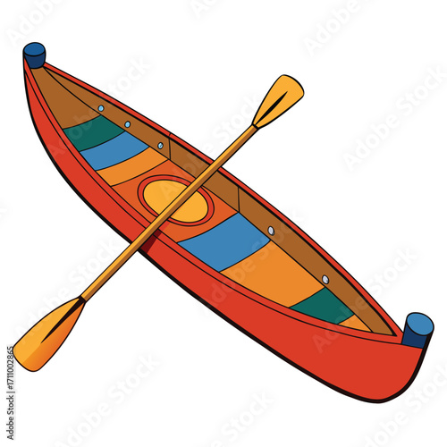 Red cartoon canoe with colorful interior and crossed paddles on white background Keywords: canoe, boat