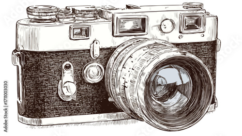 Engraved Style Modern Photo Camera Vector Illustration