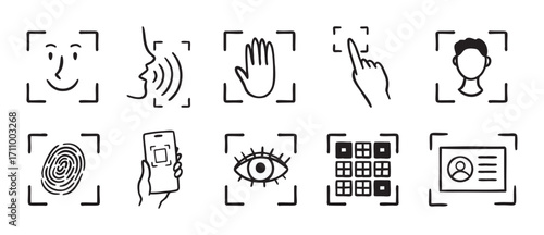 biometric scanning icon set. Identification individual by eye, fingerprint, or pass doodle hand drawn icon. Outline drawing ID verification line clipart symbol