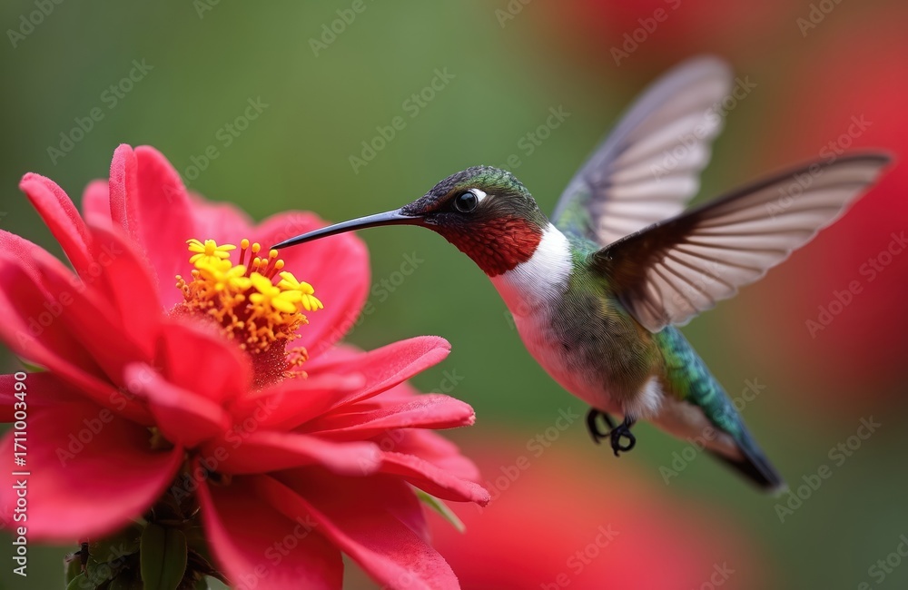 Fototapeta premium Hummingbird hovers near flower collecting nectar. Small bird with vibrant plumage approaches red blossom. Tiny creature at work pollinating a plant. Nature beauty.