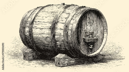 Hand Drawn Oak Wooden Barrel Engraving Sketch