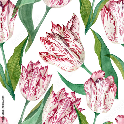 Fotografie A seamless pattern with hand-drawn watercolor tulips