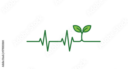 Heartbeat line with green leaves symbolizing wellness and growth  