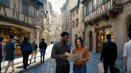 Couple standing on a cobblestone street in a historic European town, looking at a map while exploring old stone buildings and charming shops.