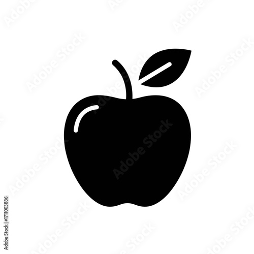 Black silhouette of an apple with leaf on white background  
