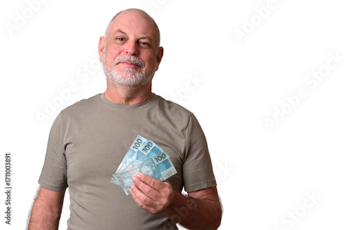 Financial value of Brazilian real notes. Man holding money in cedula. Economy.