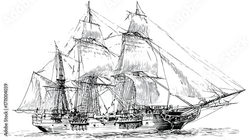Vintage Hand-Drawn Old Sailing Ship with Tall Masts Illustration