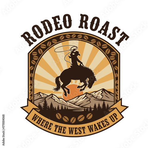 A cowboy riding a bucking horse, surrounded by coffee beans, a vintage-style graphic design.