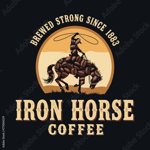 A cowboy riding a bucking horse, surrounded by coffee beans, a vintage-style graphic design.