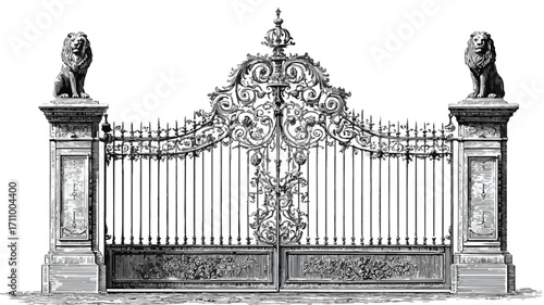 Majestic Lion Statues on Ornate Wrought Iron Gate in Vineyard Entrance