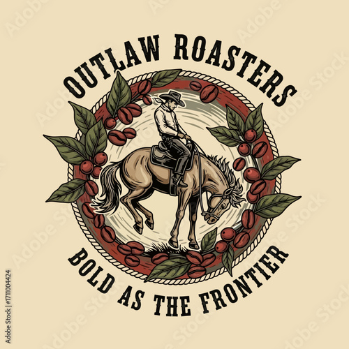 A cowboy riding a bucking horse, surrounded by coffee beans, a vintage-style graphic design.