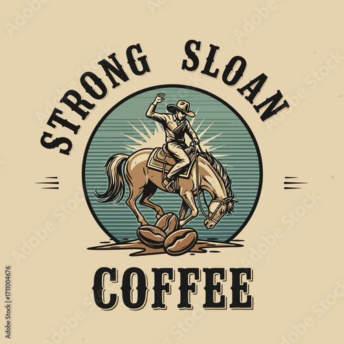 A cowboy riding a bucking horse, surrounded by coffee beans, a vintage-style graphic design.