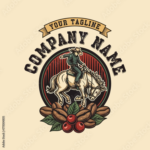 A cowboy riding a bucking horse, surrounded by coffee beans, a vintage-style graphic design.
