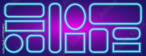 Collection of vector neon glowing frames — blue transparent shapes with radiant outlines on a dark background. Various rectangular, circular, and rounded designs with illuminated edges.