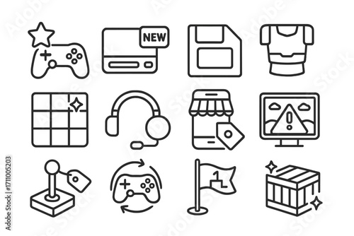 New Gaming Icons. Line style icons of new arrivals in gaming: game controller with star, console with “NEW” badge, cartridge label