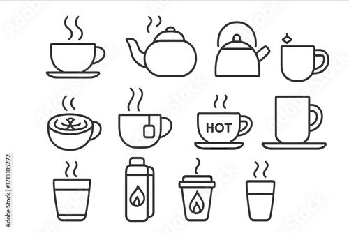 Hot Beverage Icons. Line style icons of hot beverages: steaming coffee cup, teapot with heat lines, cocoa mug with sparkle, kettle