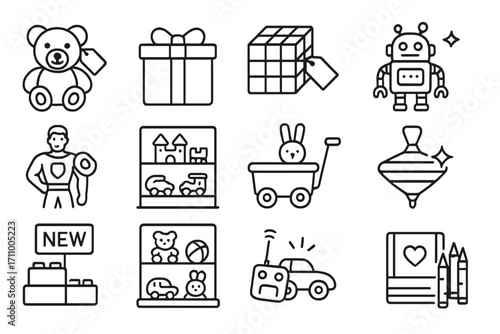 New Toy Collection Icons. Line style icons of new arrivals in toys: plush bear with tag, toy box with ribbon, puzzle cube with