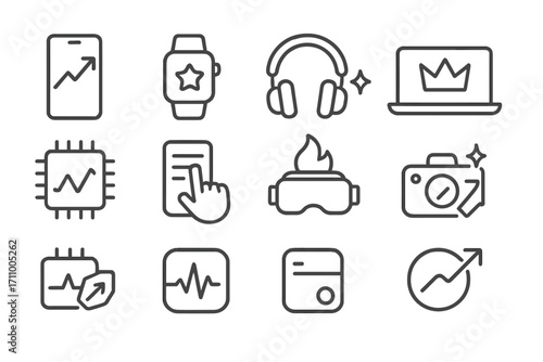 Tech Icons in Line Style. Line style icons of trending tech: smartphone with rising arrow, smartwatch with badge, headphones with
