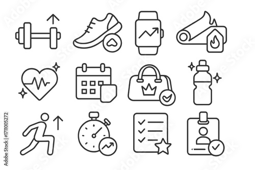 Fitness Icons Trends. Line style icons of trending fitness trends: dumbbell with upward arrow, running shoe with badge, fitness
