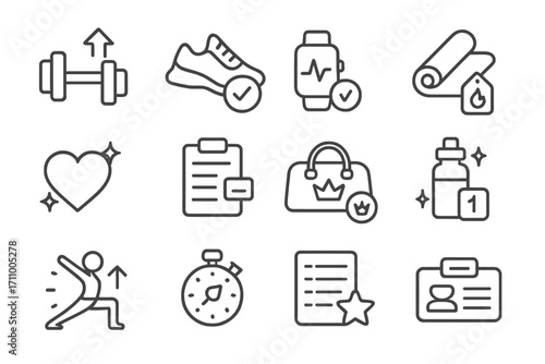 Fitness Icons Trends. Line style icons of trending fitness trends: dumbbell with upward arrow, running shoe with badge, fitness