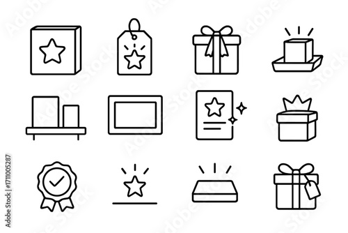 Line Style Icons. Line style icons of featured items: star badge on product, framed spotlight tag, ribbon on box, item tray with
