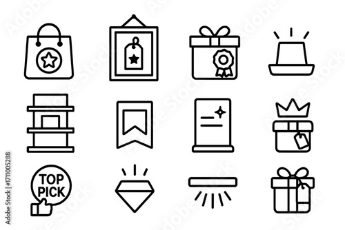 Line Style Icons. Line style icons of featured items: star badge on product, framed spotlight tag, ribbon on box, item tray with