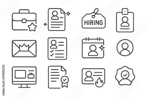 Job Icons Collection. Line style icons of featured jobs: briefcase with star, resume page with glow, hiring board tag, badge with