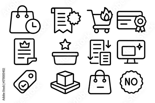 Stylized Purchase Icons. Line style icons of recent purchases: shopping bag with clock icon, receipt with glow tag, cart tray with
