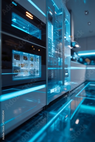 Modern kitchen featuring sleek appliances with illuminated panels, showcasing advanced technology and futuristic design elements, creating a vibrant culinary environment