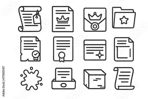 Vintage Document Icons. Line style icons of old documents: paper scroll with tag, typewritten sheet with crown, stamped letter