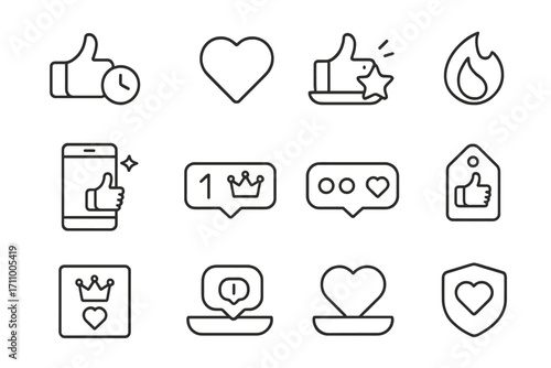 Social Media Icon Set. Line style icons of recent likes: thumbs-up icon with clock tag, heart badge with glow, like tray with star