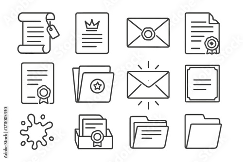 Vintage Document Icons. Line style icons of old documents: paper scroll with tag, typewritten sheet with crown, stamped letter