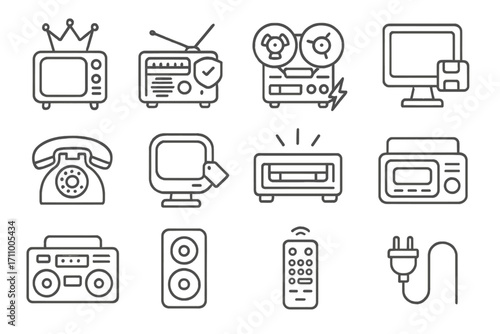 Retro Electronics Icons. Line style icons of old electronics: tube TV with crown, analog radio with badge, tape recorder with
