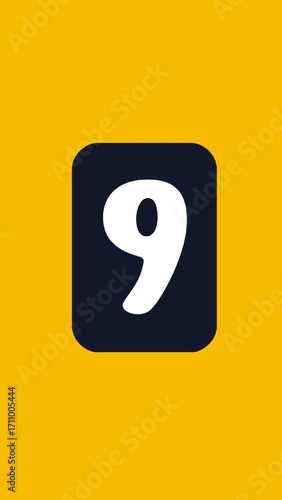 Bold white number nine on dark square background with bright yellow backdrop minimalist modern design illustration