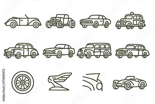 Vintage Car Icons. Line style icons of vintage cars: classic convertible, hot rod, muscle car, antique taxi; 1940s sedan, 1950s