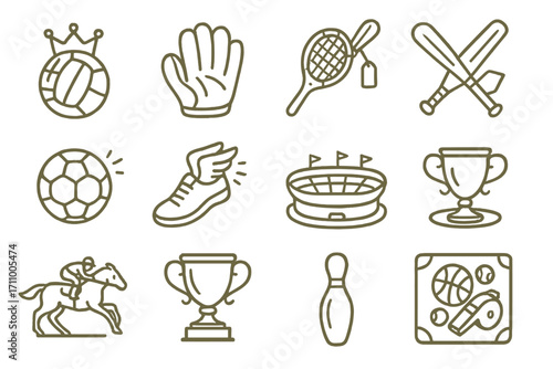 Vintage Sports Icons. Line style icons of old sports: vintage football with crown, leather glove icon, old racket with tag, wooden