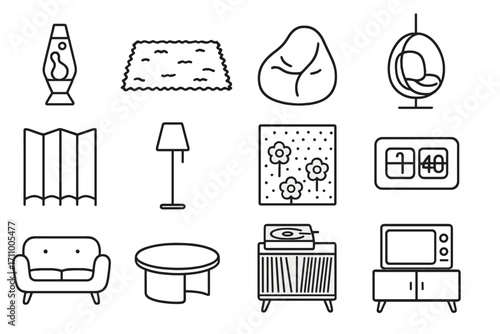 Retro Interior Icons. Line style icons of retro interiors: lava lamp, shag carpet, bean bag chair, hanging chair; folding screen,