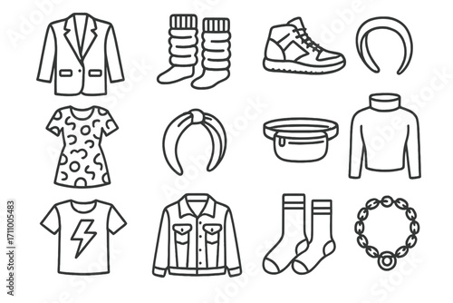 Retro Fashion Icons. Line style icons of retro fashion: oversized blazer, leg warmers, high-top sneakers, shoulder pads; bold