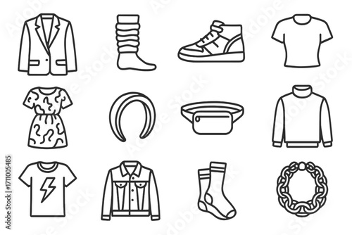 Retro Fashion Icons. Line style icons of retro fashion: oversized blazer, leg warmers, high-top sneakers, shoulder pads; bold