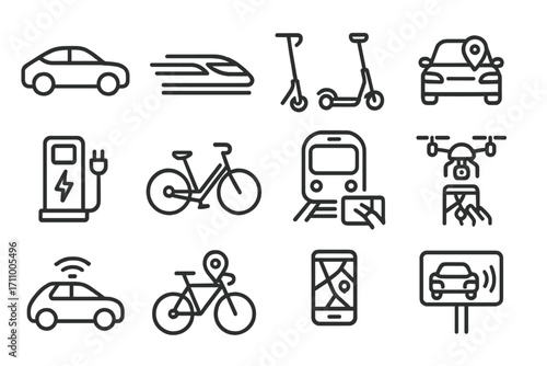 Modern Transport Icons. Line style icons of modern transportation: electric car, high-speed train, electric scooter, rideshare
