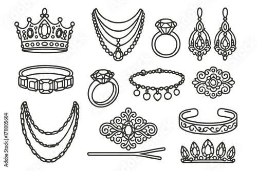Maximalist Jewelry Icons. Line style icons of maximal jewelry: bejeweled crown, layered necklaces, dangling earrings, gemstone