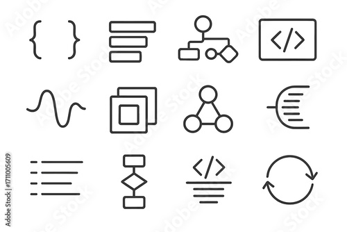 Abstract Coding Icons. Line style icons of abstract coding: floating brackets, stacked code blocks, logic path lines, tag frame