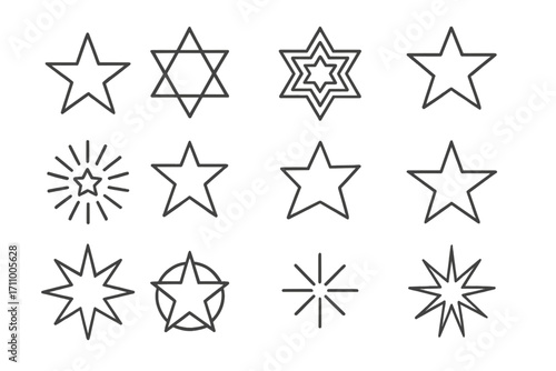 Geometric Star Icons. Line style icons of geometric stars: five-pointed star, six-pointed hexagram, layered stars, nested stars;